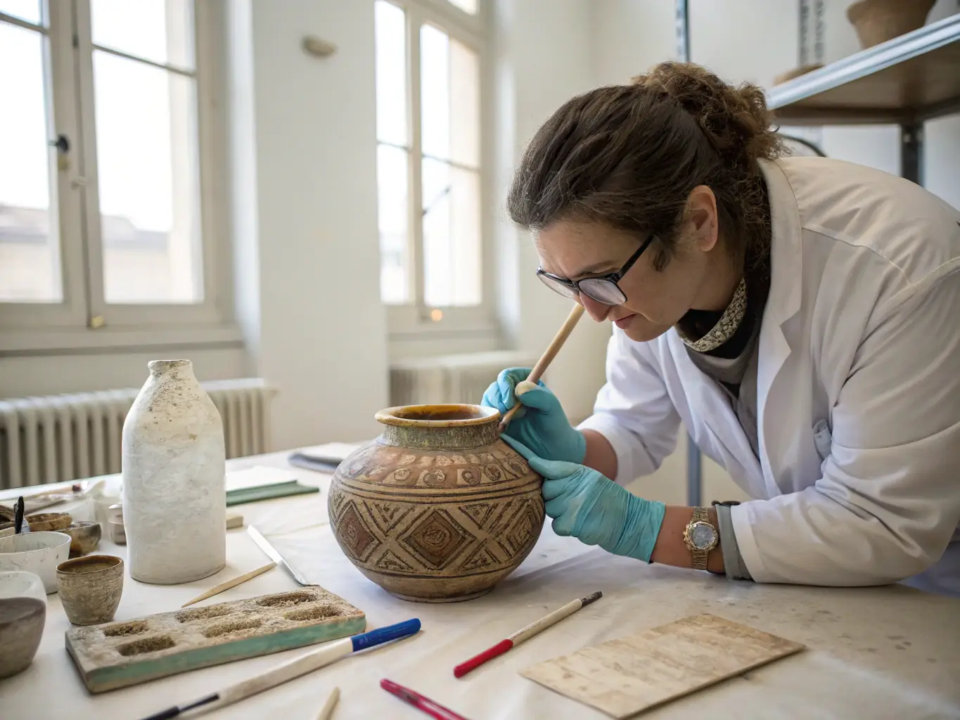 A conservator meticulously restoring a historical artifact in a laboratory, using specialized tools and techniques to preserve its integrity.